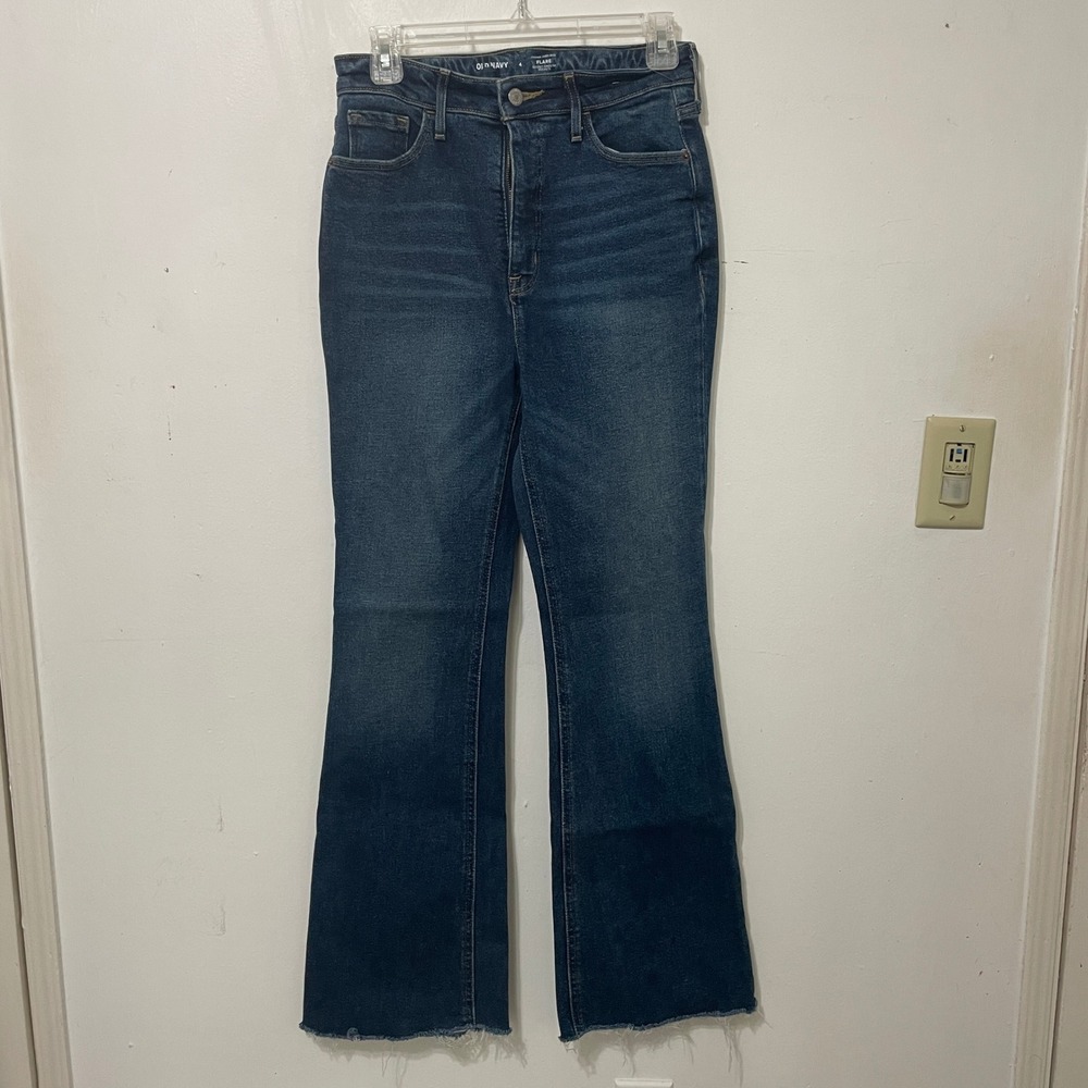 Old Navy Higher‎ High-Rise Flare Jeans Dark Wash Raw Hem Size 4 Womens Blue